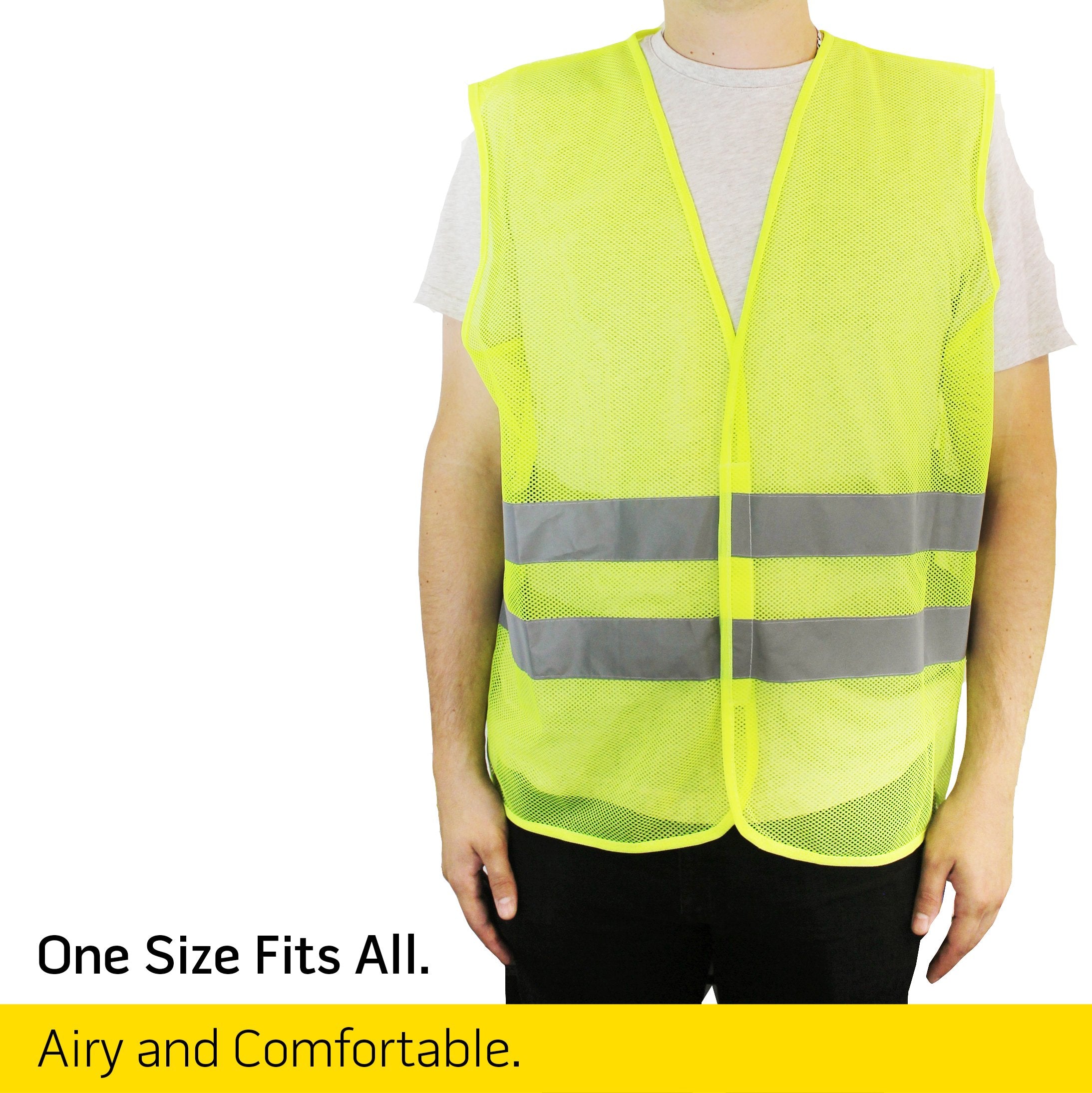 Five-pack PeerBasics safety vests laid out for bulk team orders.