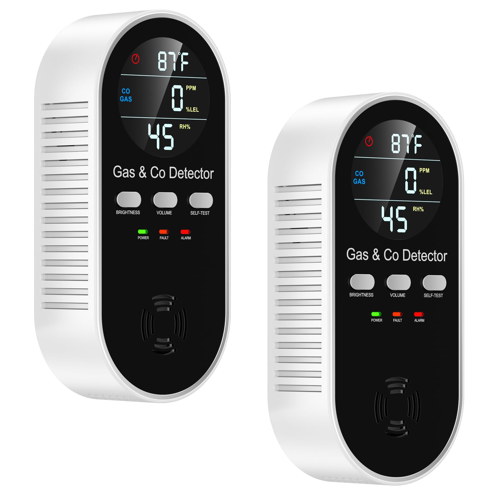 PEGEMU 5-in-1 CO detector front view with clear LED display for quick safety checks.