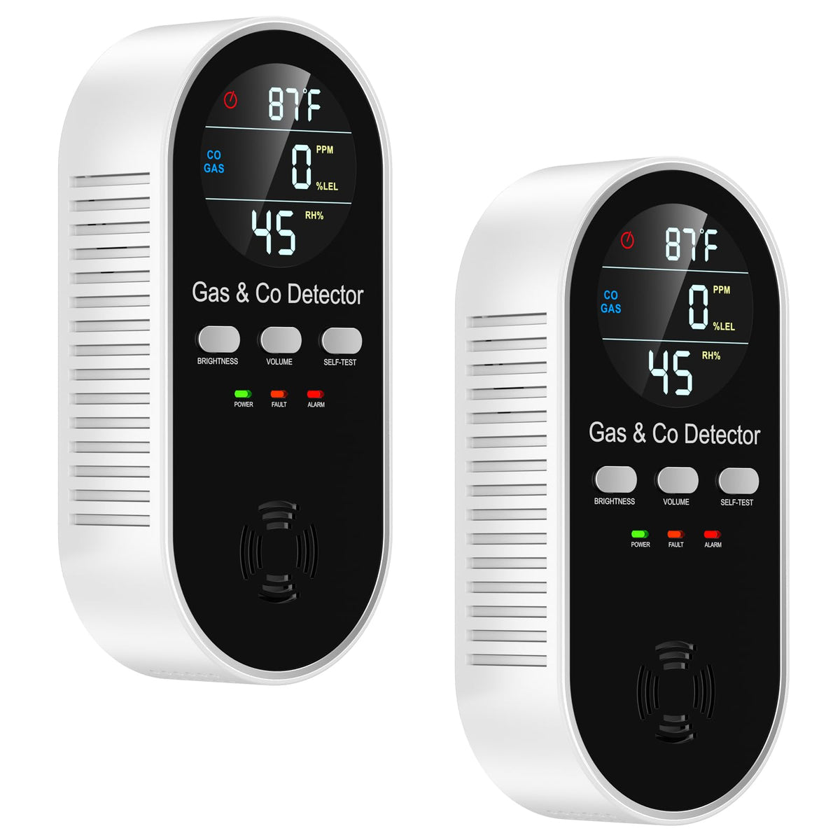 PEGEMU 5-in-1 CO detector front view with clear LED display for quick safety checks.