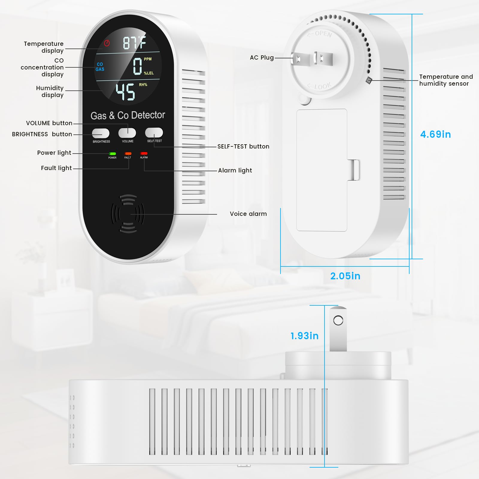 PEGEMU 5-in-1 detector placed in a living space for home monitoring.