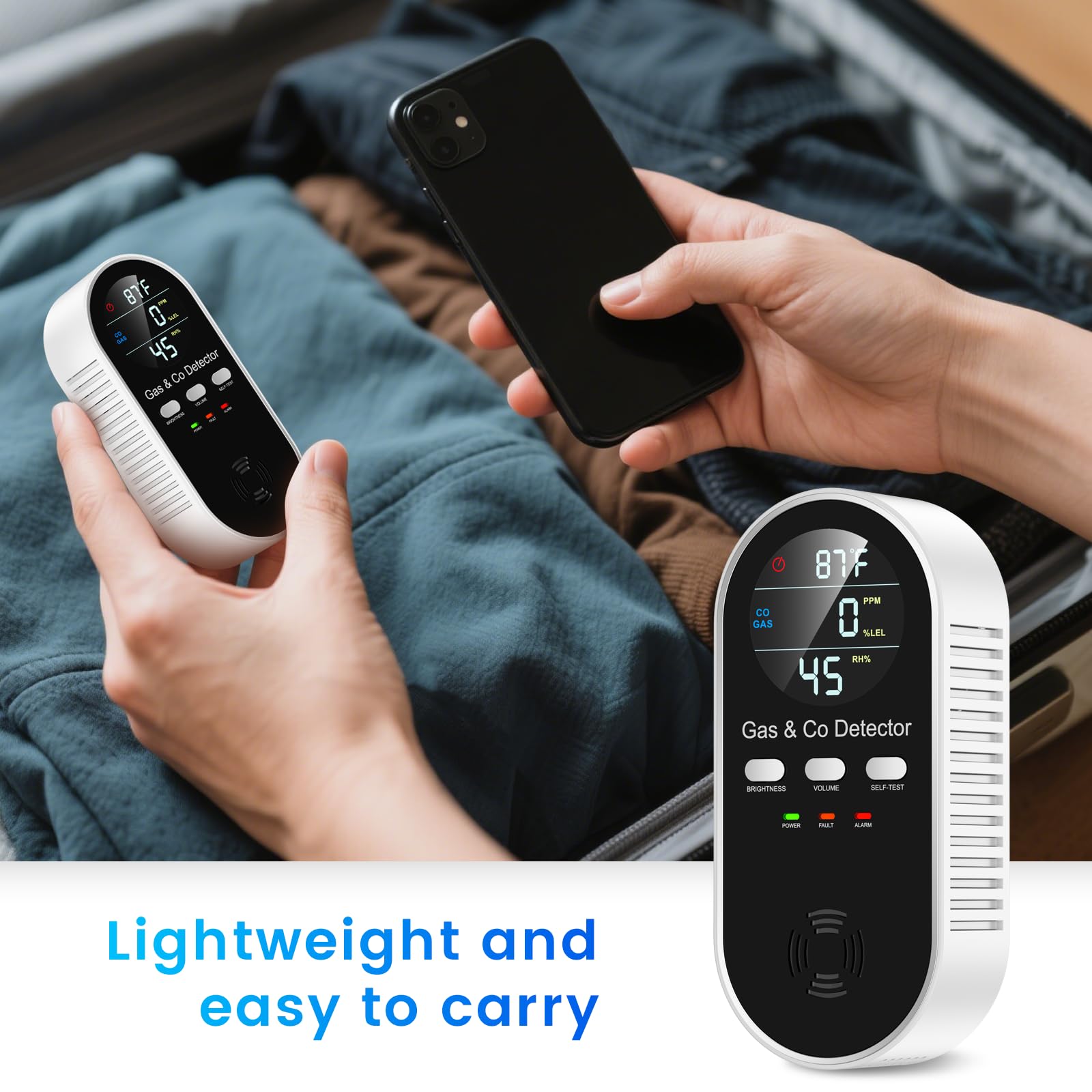PEGEMU 5-in-1 detector warning sound and light indicator active in a room.