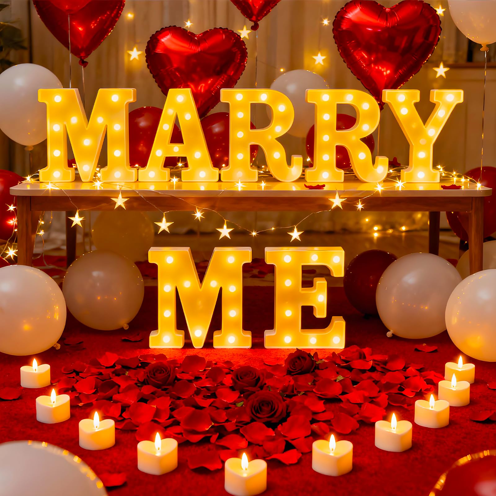 Peledic Marry Me letters sign glowing softly for a romantic proposal backdrop.