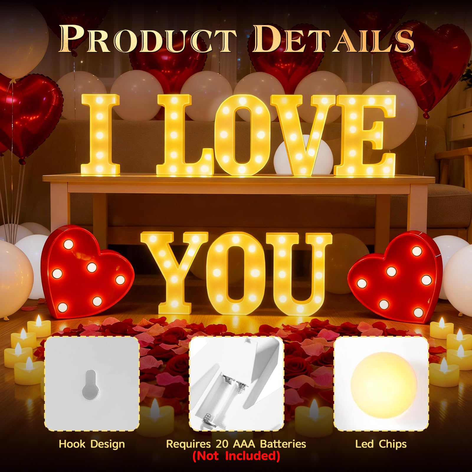 Peledic red rose petals enhance romantic decor on tables and aisles.