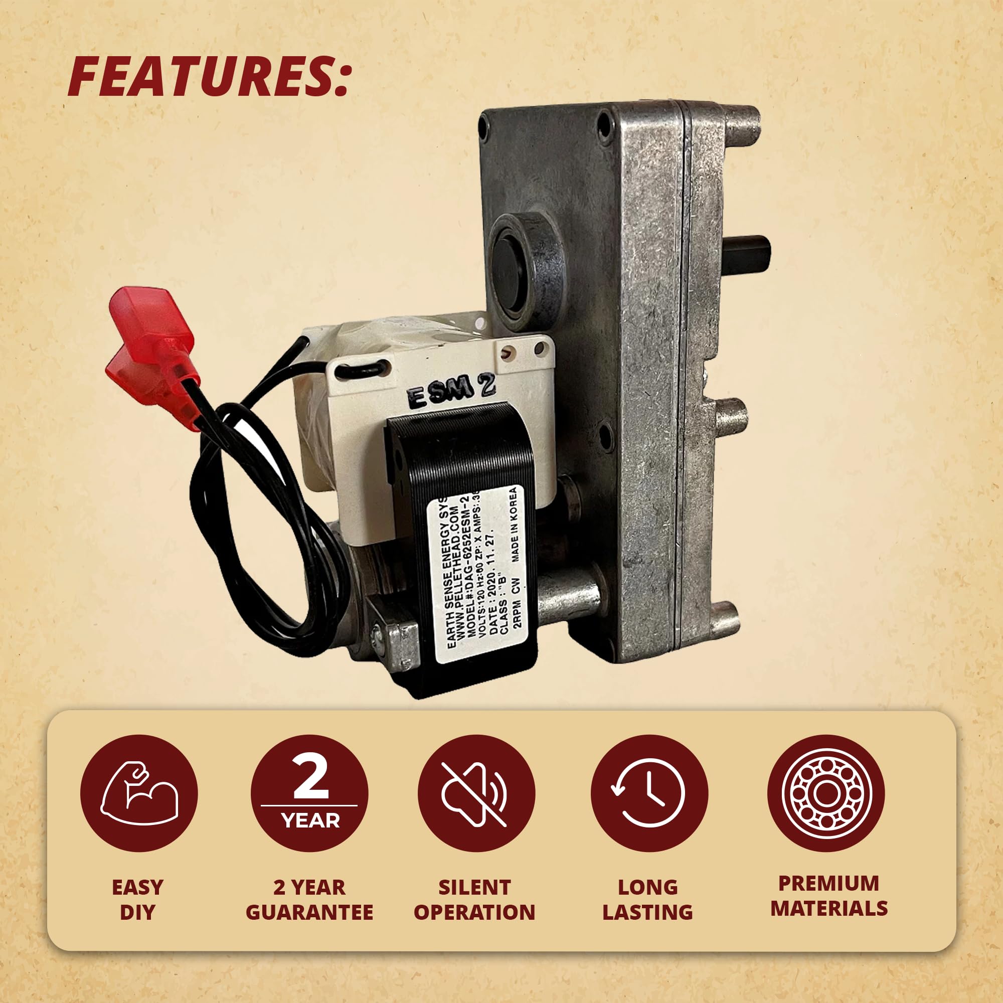 Pellethead auger motor 1 rpm counterclockwise rotation minimizes jams and maintains steady feed.