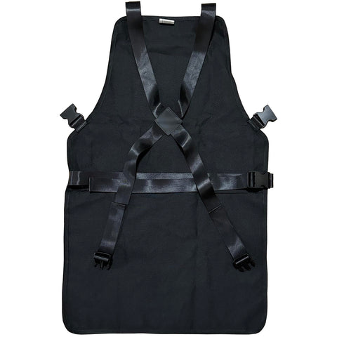 Pelocapa barber apron back view highlighting adjustable straps for a comfortable fit.