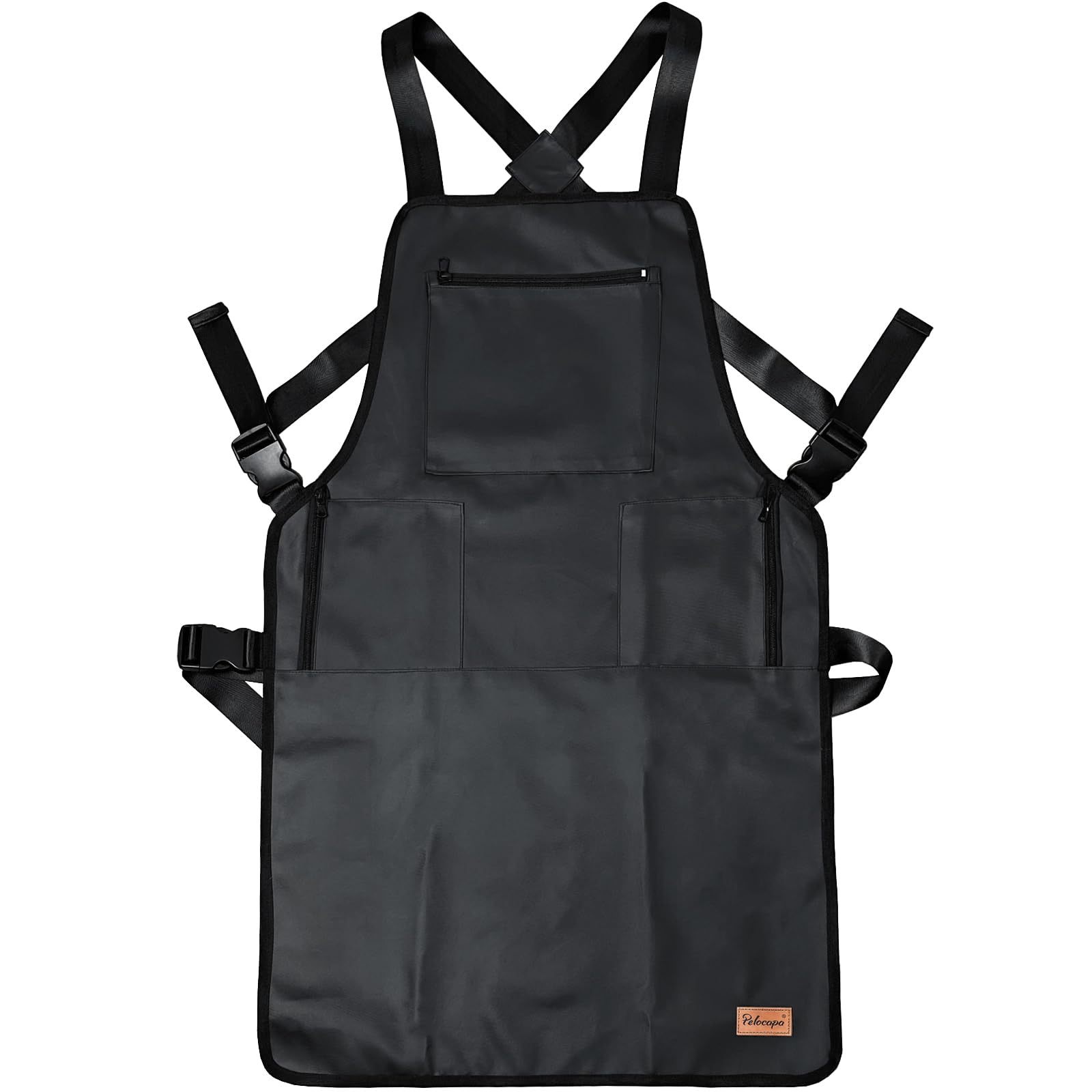 Pelocapa barber apron front view showing waterproof fabric that protects clothing during haircuts.