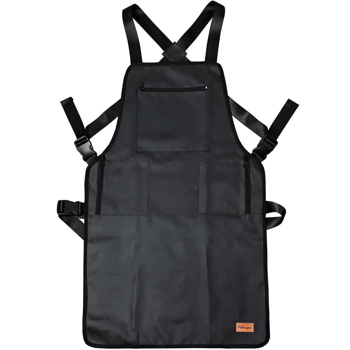 Pelocapa barber apron front view showing waterproof fabric that protects clothing during haircuts.
