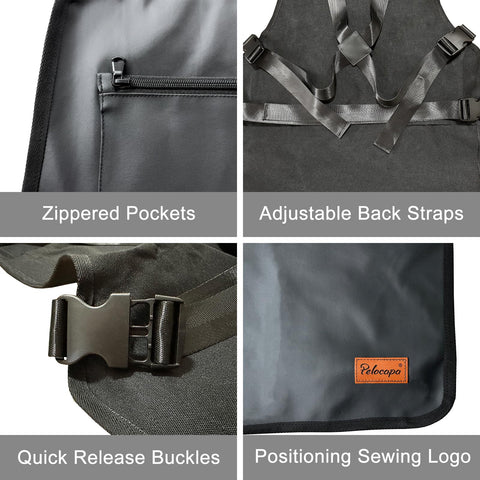 Pelocapa barber apron pockets closeup with space for scissors and gear.