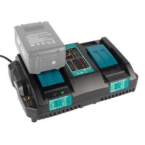 PENGJBATTER DC18RD dual-port charger for Makita 18V batteries ready for use.