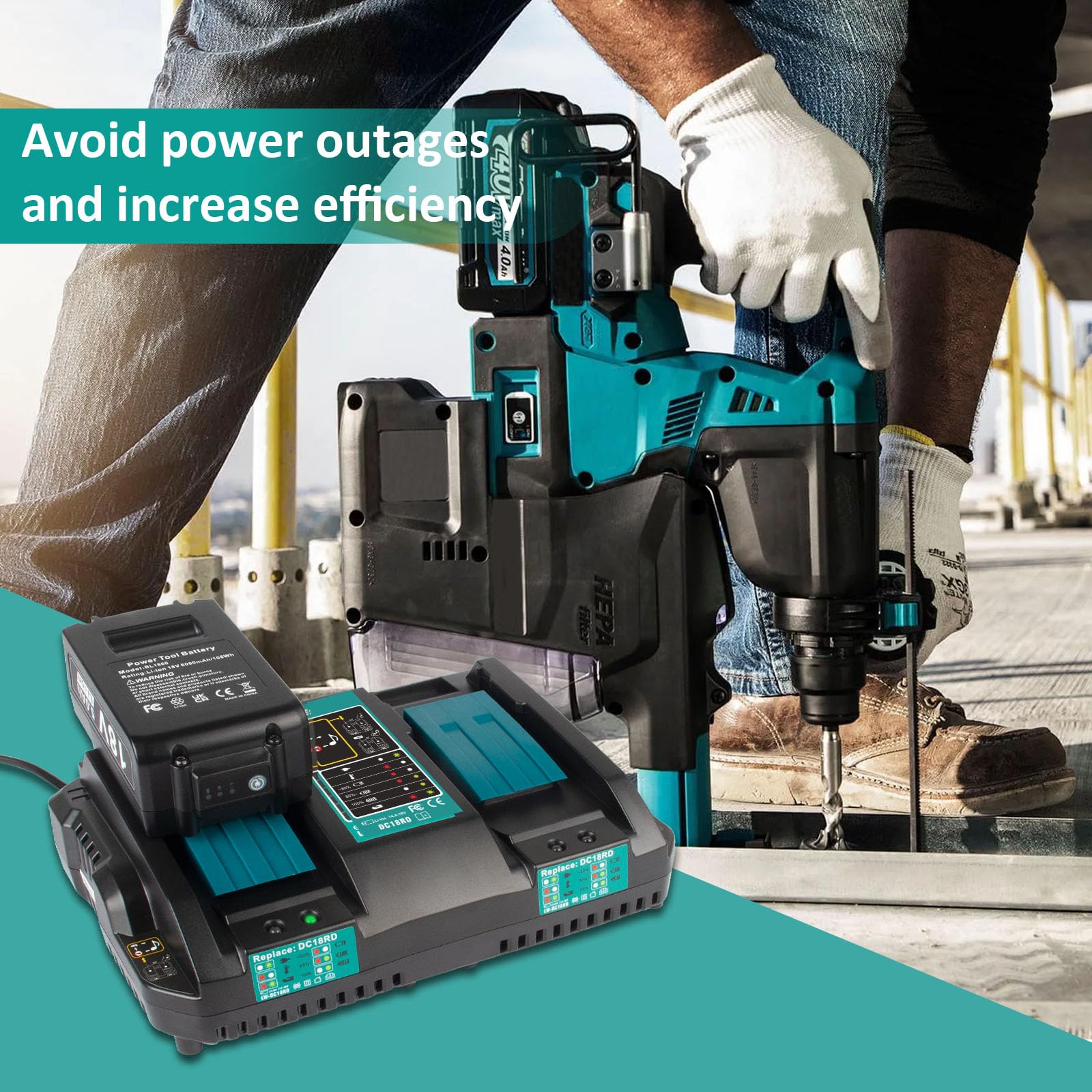 Box contents include one DC18RD charger ready for Makita systems.