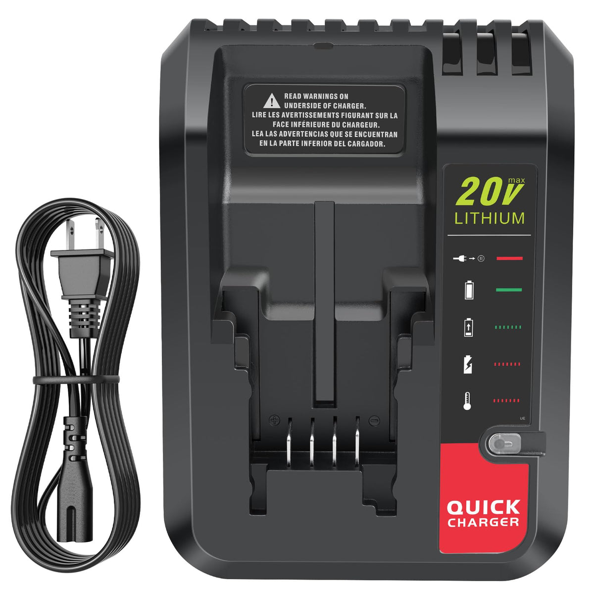 PENGJBATTER PCC692L 20V charger front view fits Black & Decker and Porter-Cable batteries.