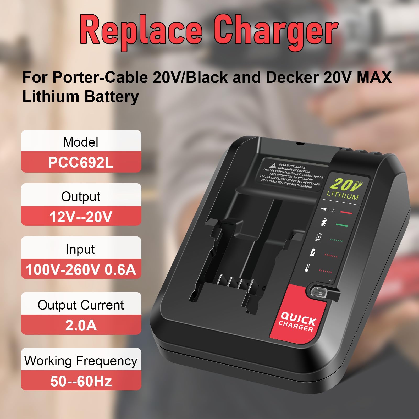 PENGJBATTER PCC692L 20V charger rear view shows venting for safe charging.