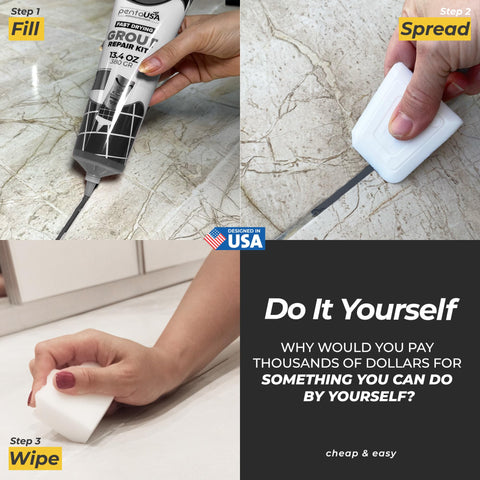 Dark grey PentaUSA grout refreshes bathroom and kitchen tiles.