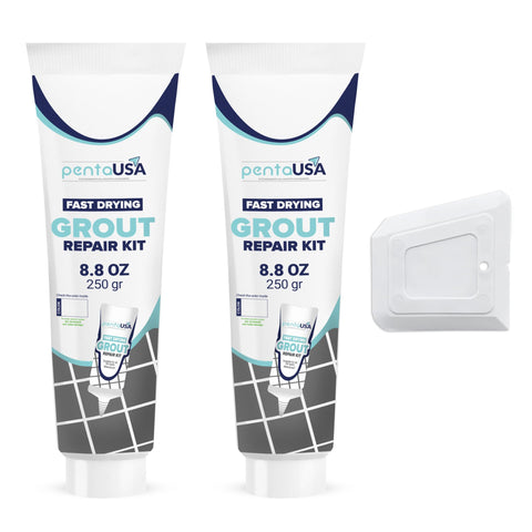PentaUSA grout repair tubes in white, two-pack, ready to refresh tile grout in bathroom.