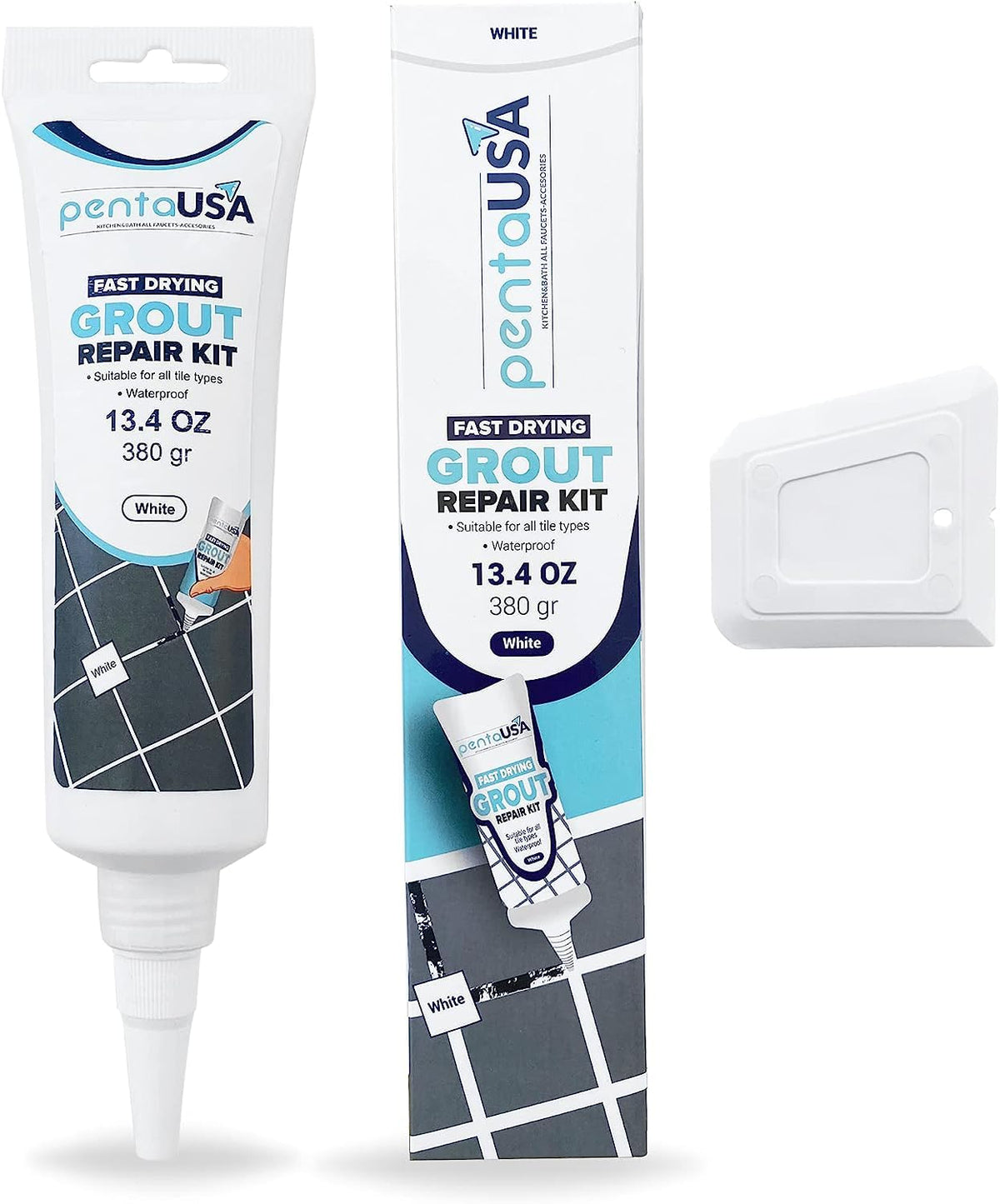 PentaUSA Tile Grout premix tube in white for quick tile repairs.
