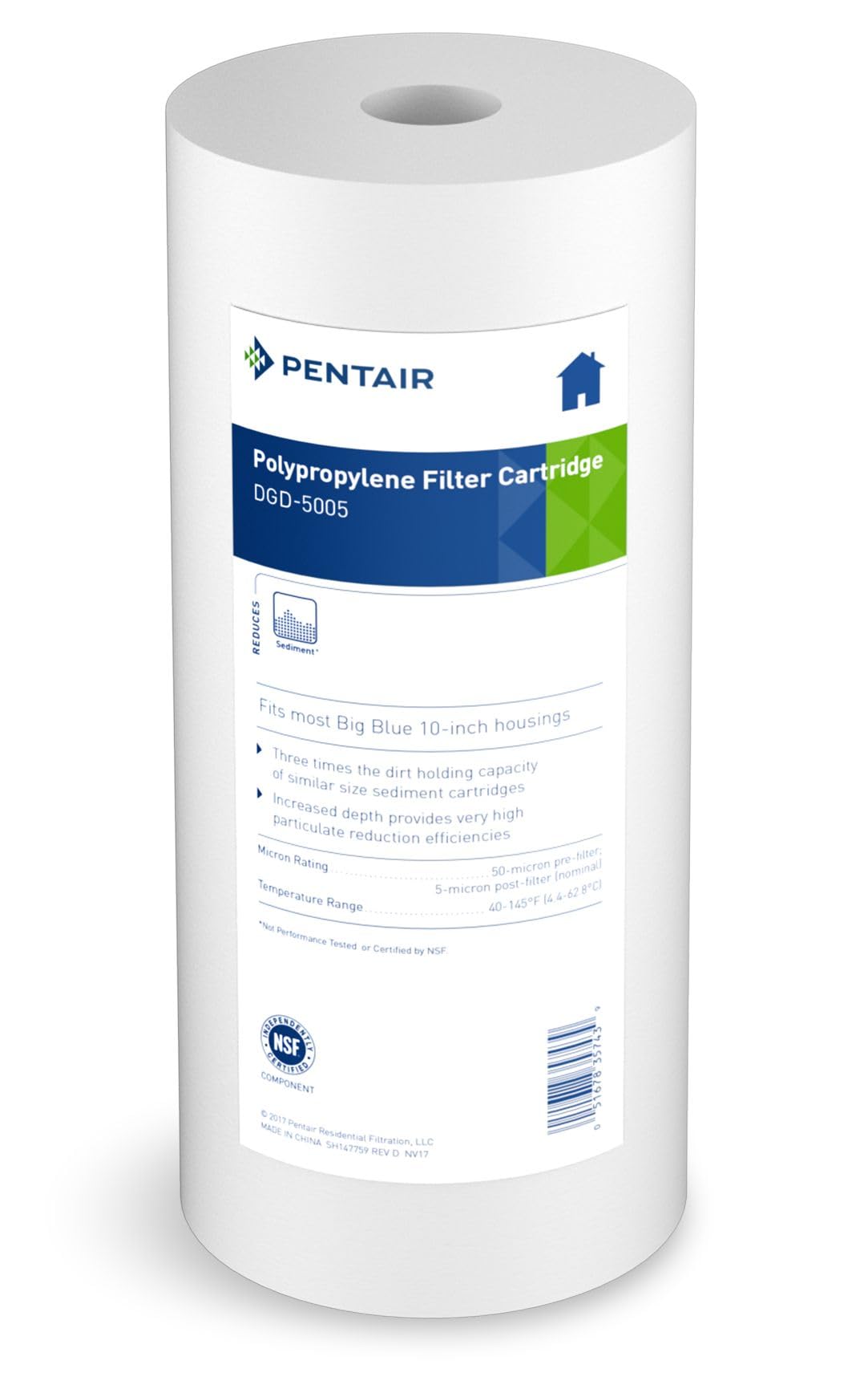 Pentek DGD-5005 close-up of the big blue filter cartridge for sediment filtration.
