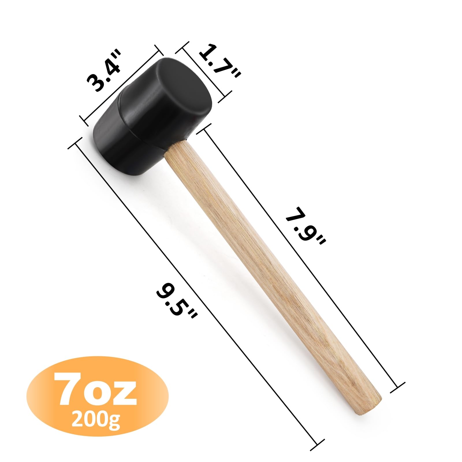 Peohud mallet head length focus illustrating 3.4-inch striking area for versatility