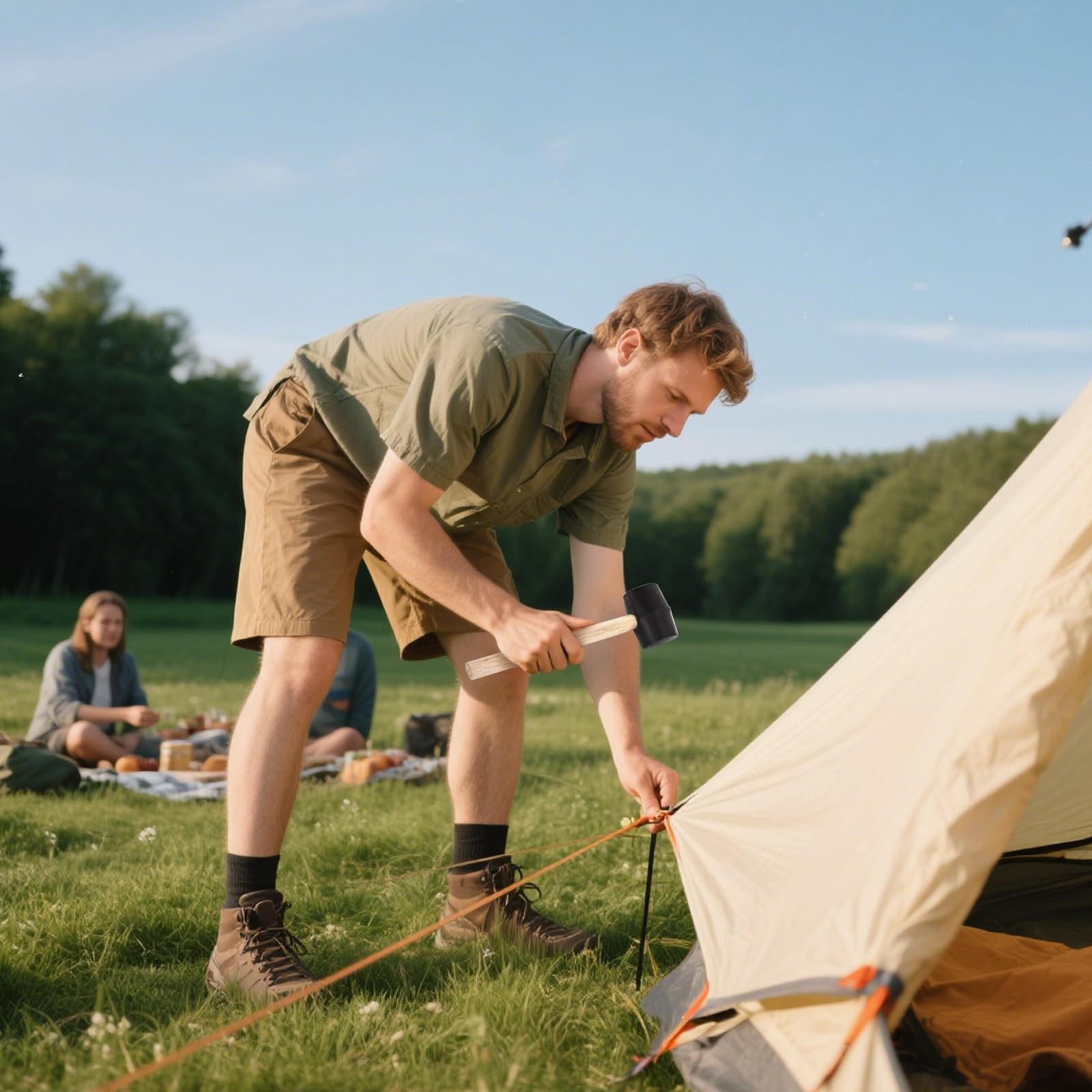 Peohud camping scenario highlighting dead blow design for outdoor tasks