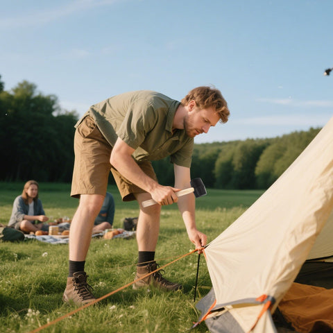 Peohud camping scenario highlighting dead blow design for outdoor tasks