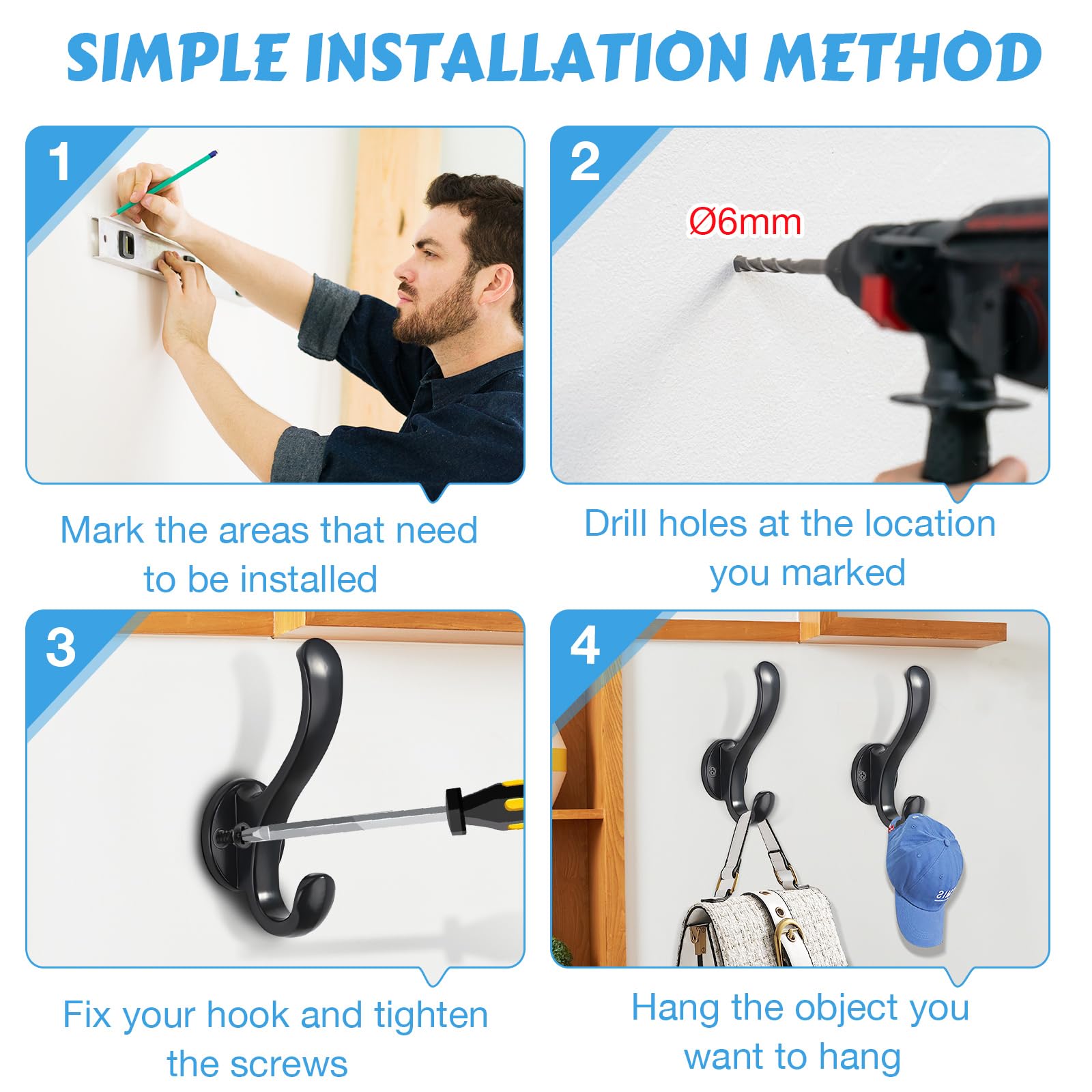 PEOIAOY coat hooks with screws and plugs for secure installation.