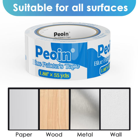 Peoin blue painter's tape on wood, glass, and metal surfaces for clean lines.