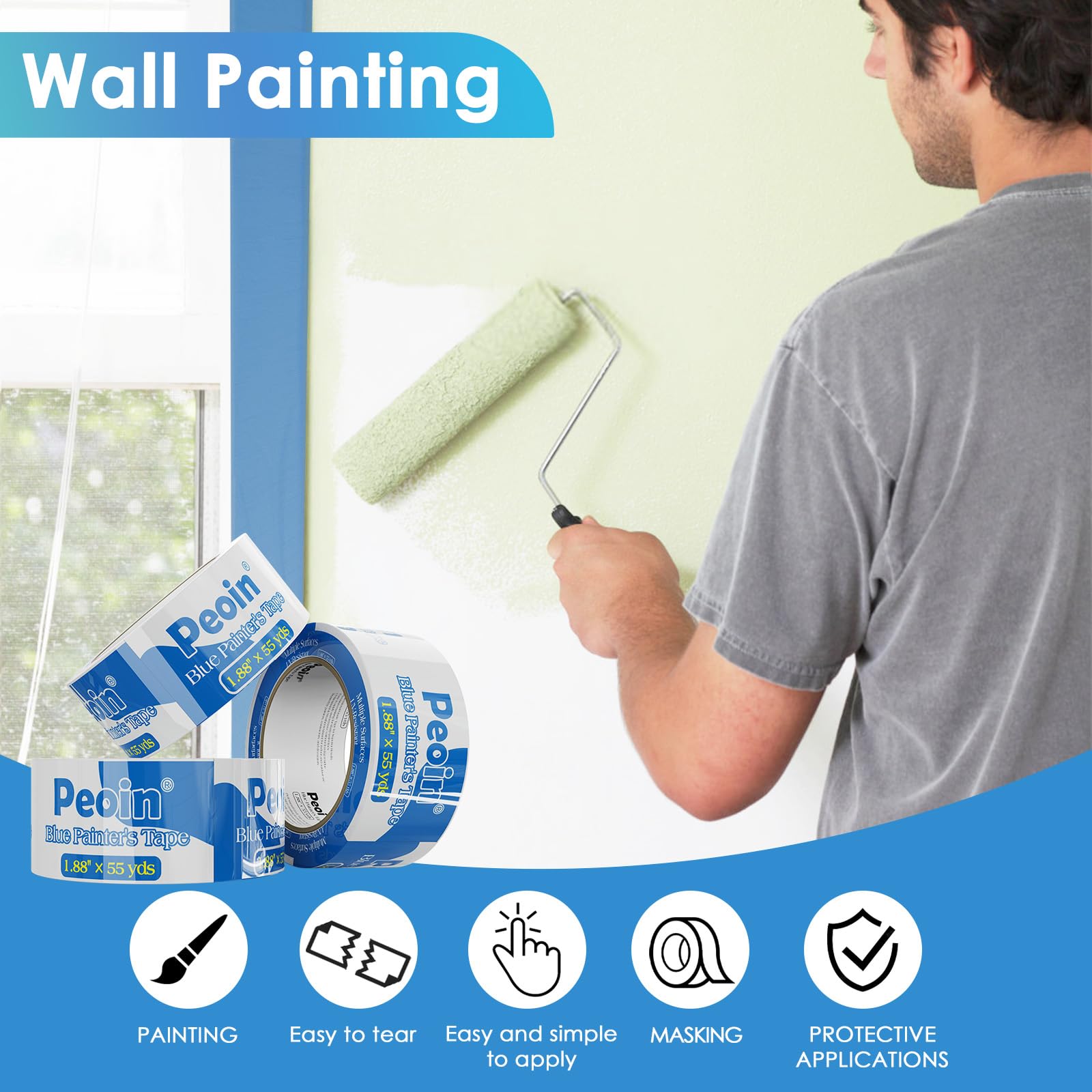 Peoin UV-resistant blue painters tape protecting outdoor surfaces.