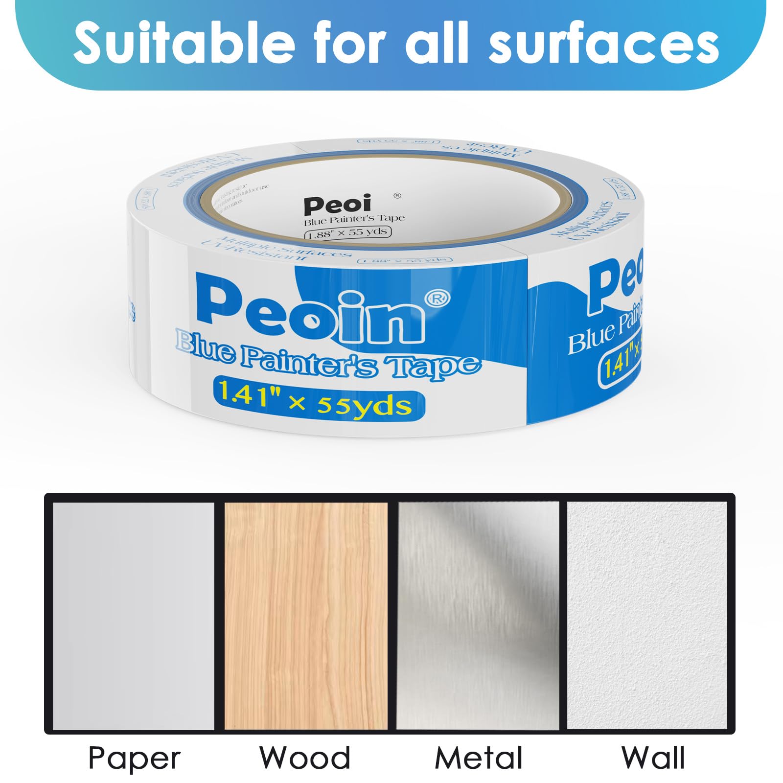 Peoin blue tape removal leaves no residue on surfaces.