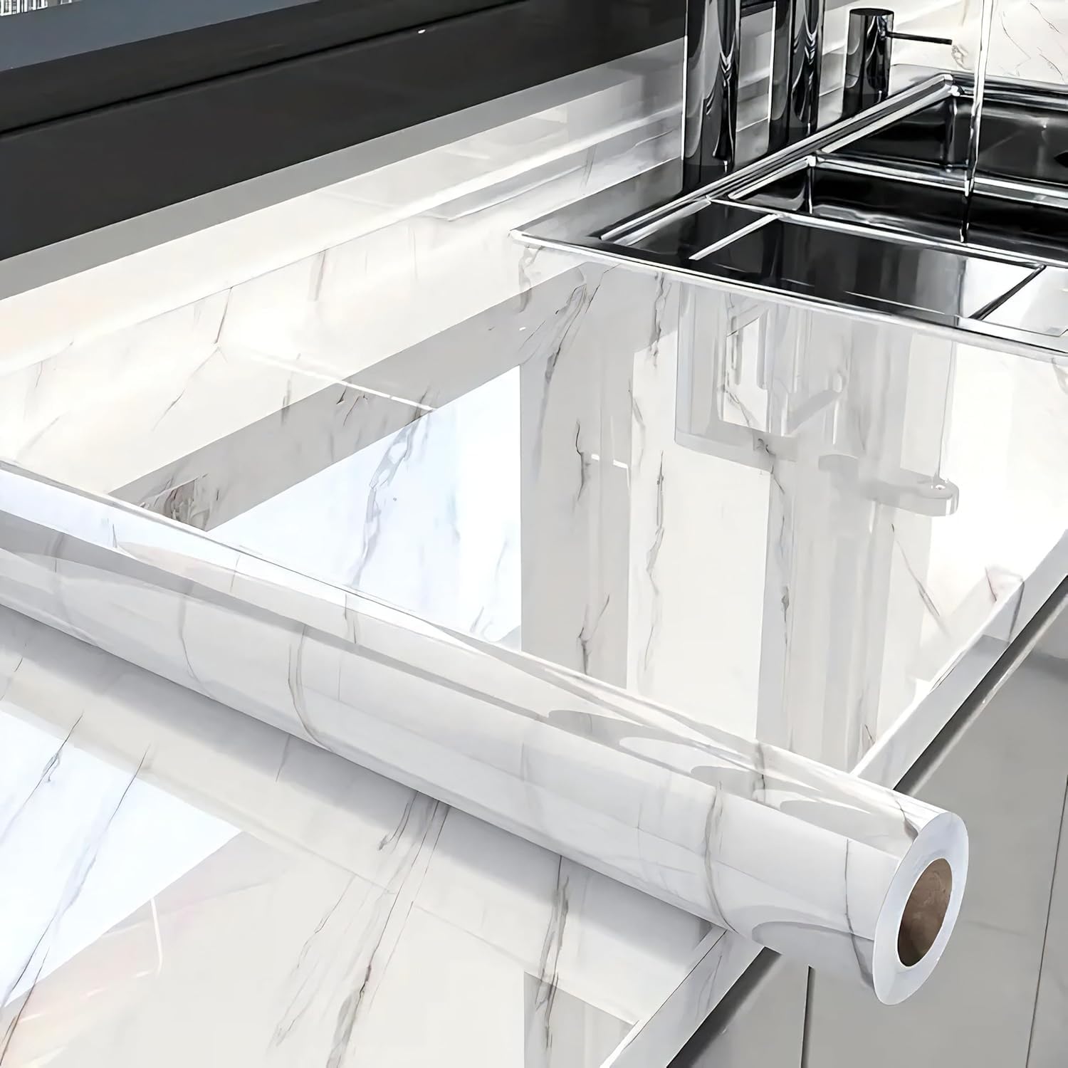PeonyQueen glossy marble contact paper on a white roll for quick, mess-free furniture updates.