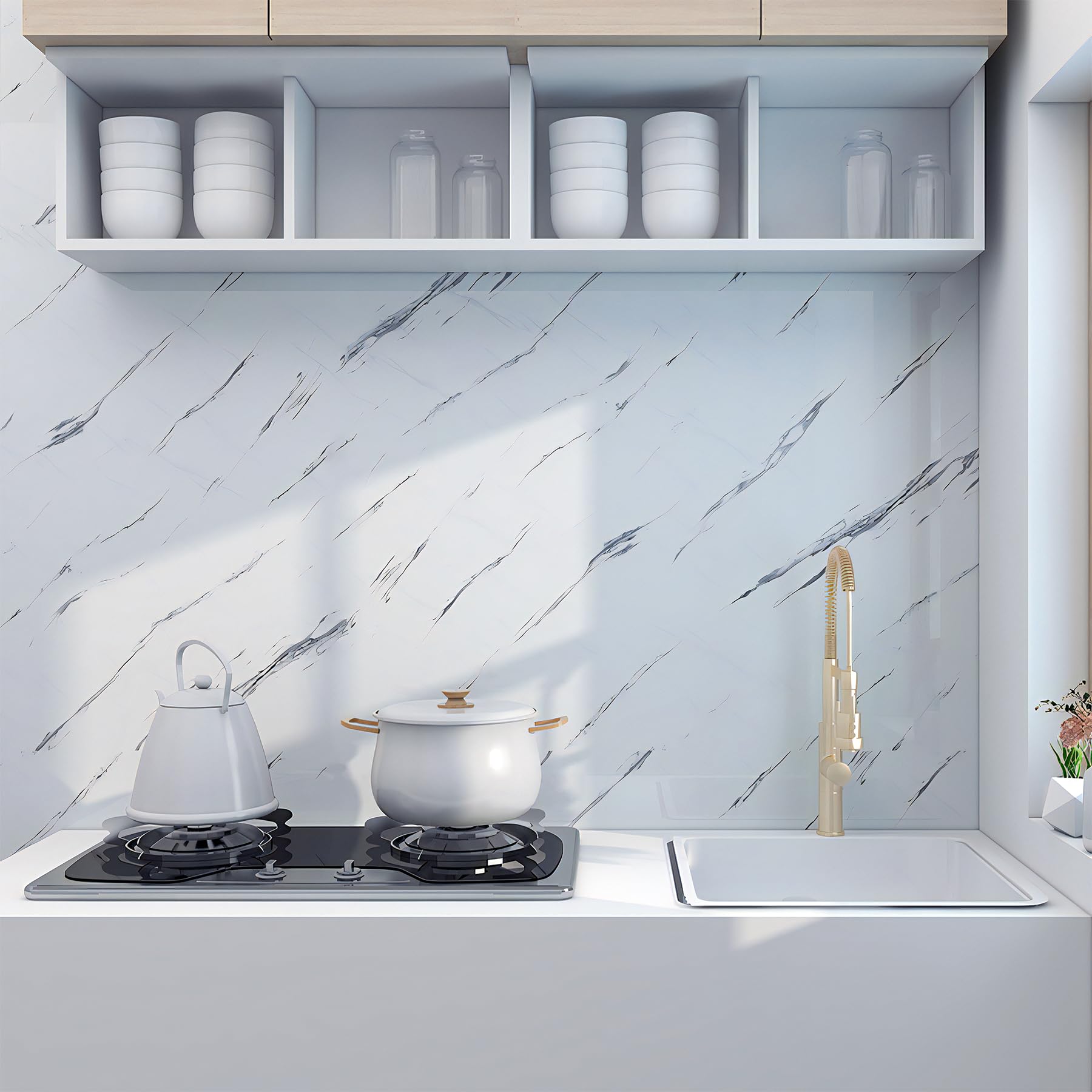 PeonyQueen marble wallpaper on tables or storage tops upgrades spaces with a luxurious, durable finish.