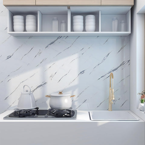 PeonyQueen marble wallpaper on tables or storage tops upgrades spaces with a luxurious, durable finish.