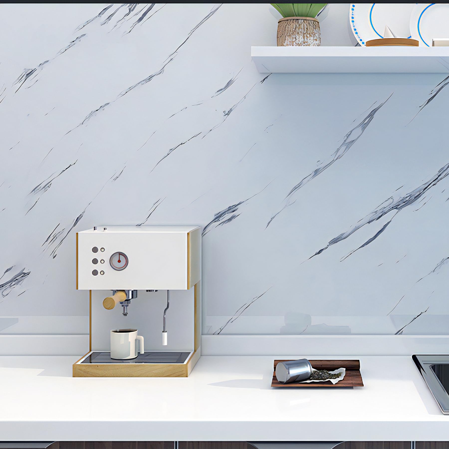 PeonyQueen marble wallpaper on countertops offers waterproof, wipe-clean durability for busy kitchens.