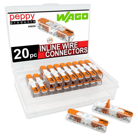 Peppy Products WAGO 221-2401 lever nuts in case for organized storage and reuse.