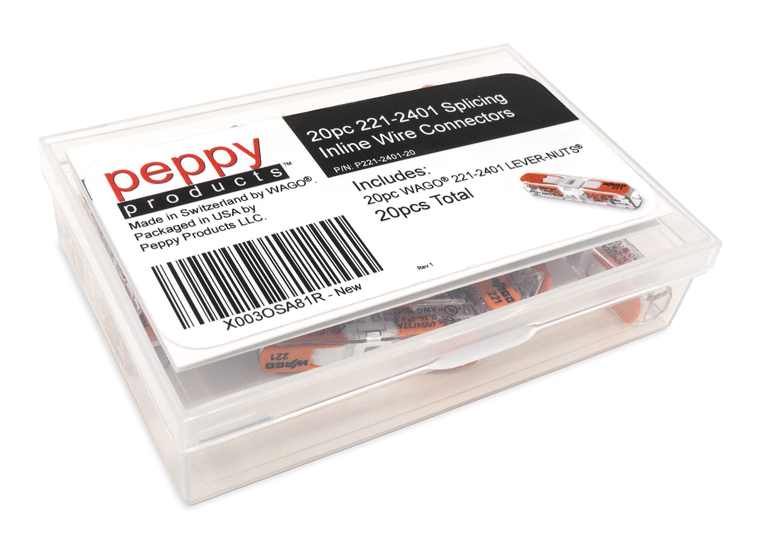 Peppy Products WAGO 221-2401 transparent housing for visual wiring verification.
