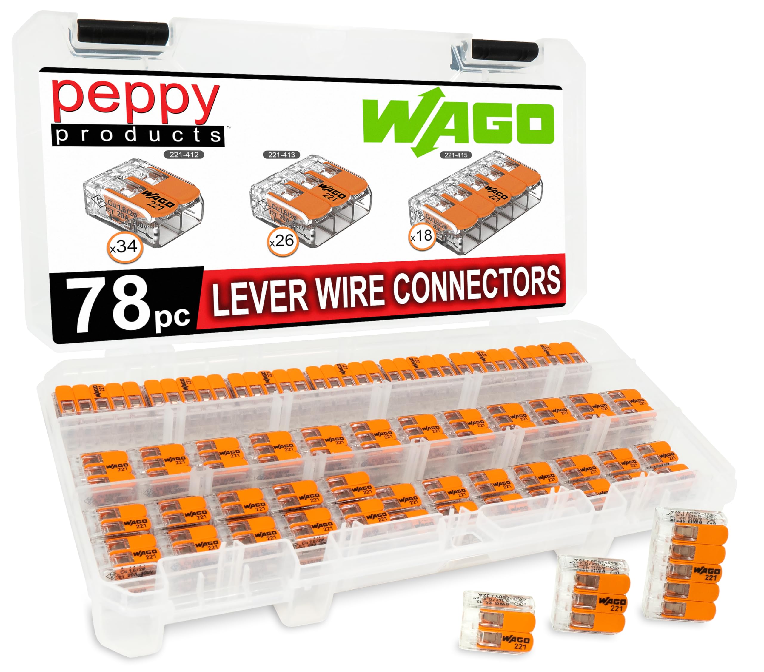 Peppy Products WAGO 221 Lever Nuts 78pc case set for organized, versatile wiring.