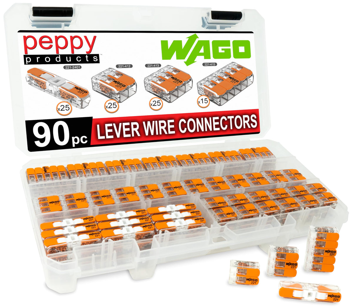 Peppy Products WAGO 221-2401 inline two-conductor view highlighting quick splicing