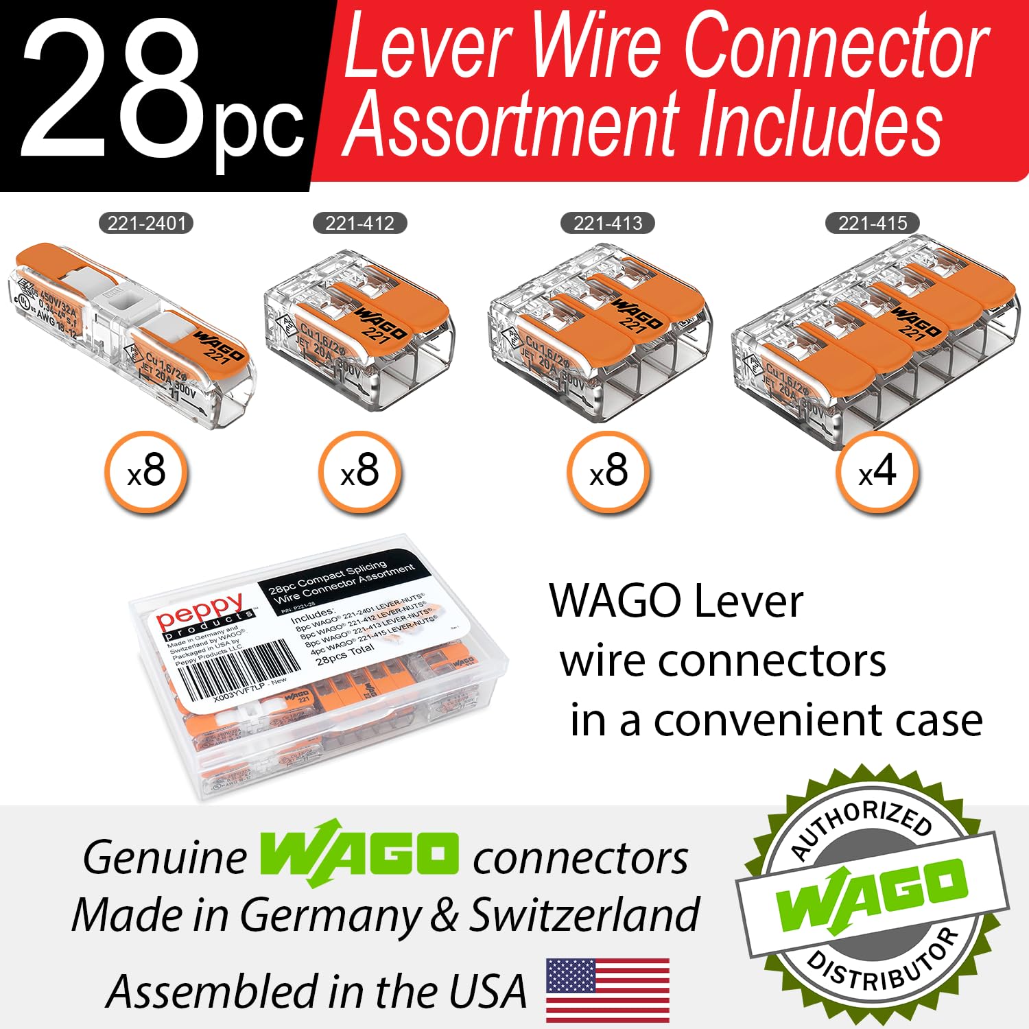 Two-conductor inline 221-2401 lever nuts highlight fast splices.