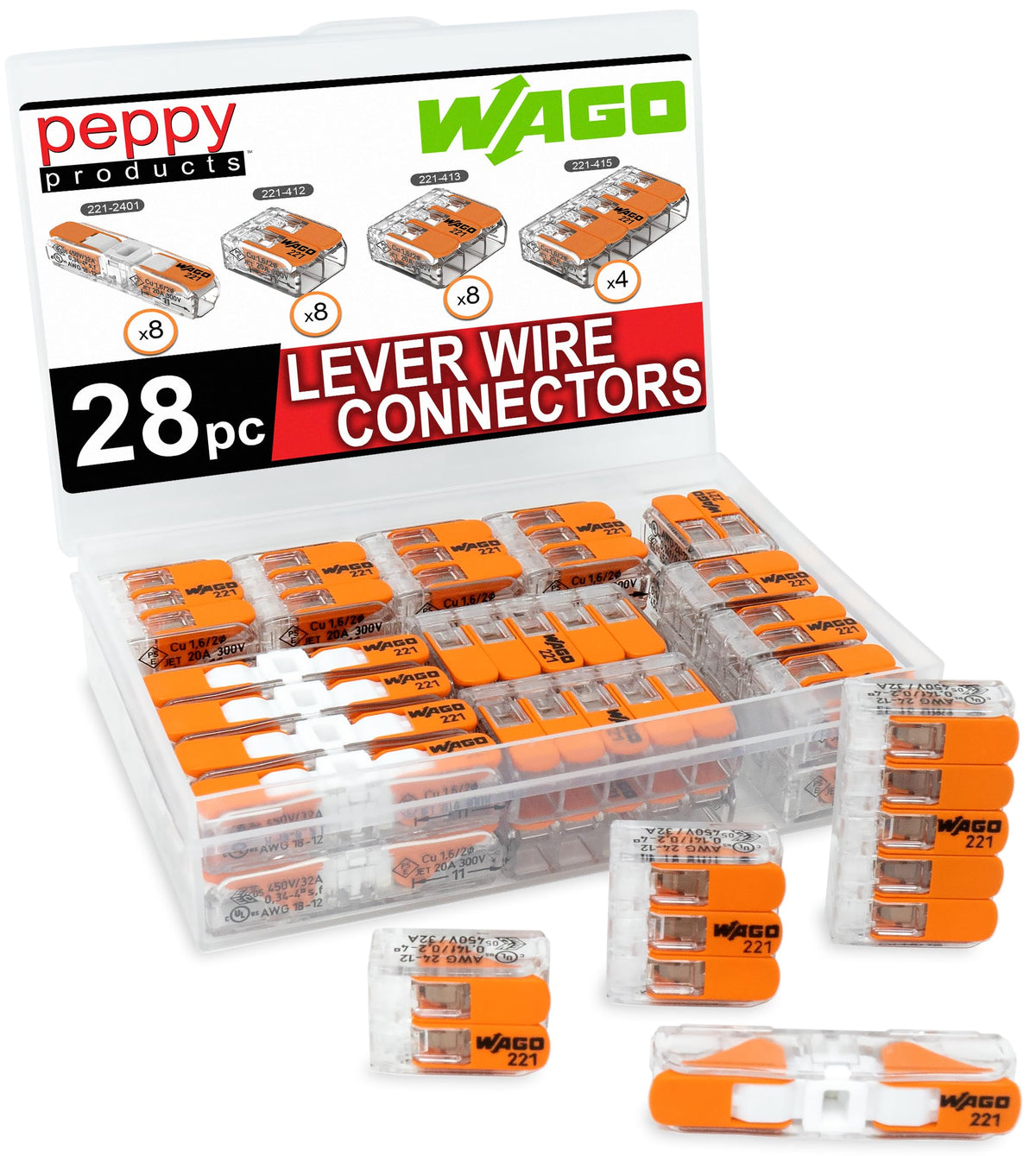 Peppy Products WAGO 221 case back view shows organized 28-piece set for quick wiring.