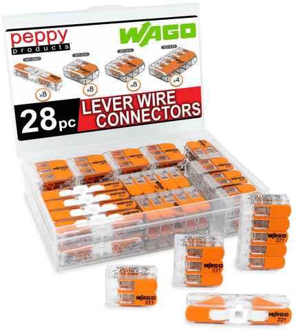 Peppy Products WAGO 221 case back view shows organized 28-piece set for quick wiring.