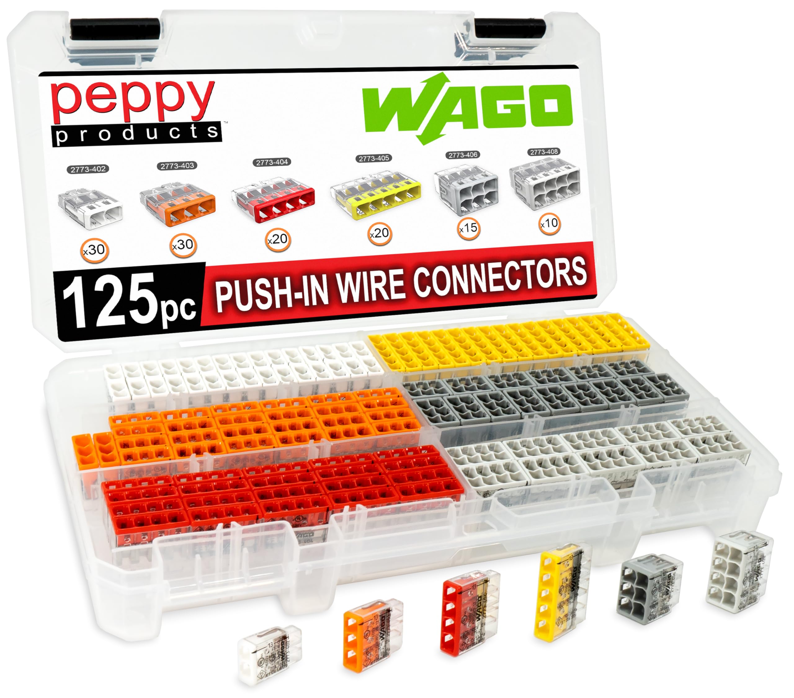 Peppy Products WAGO 2773 kit in case enables fast, organized splices.