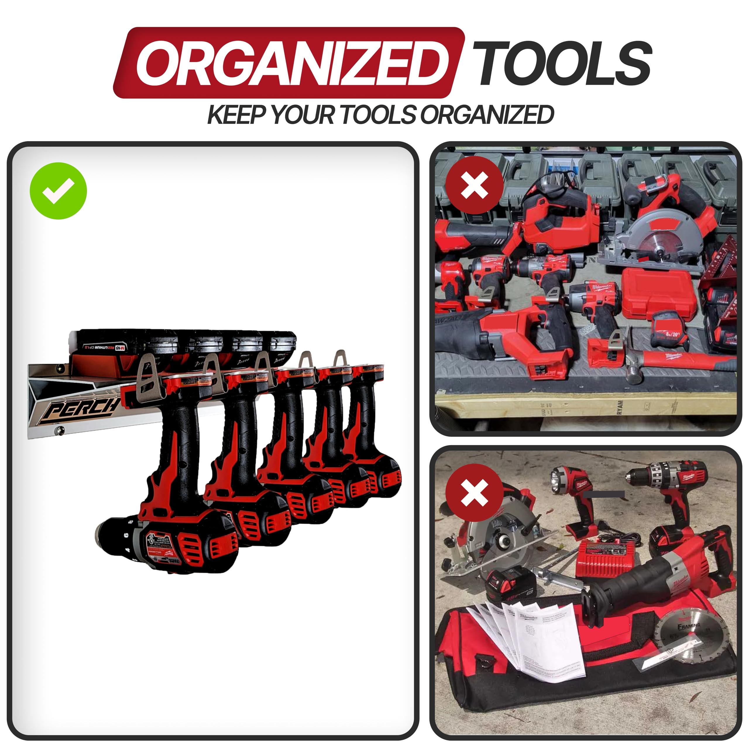 PERCH Milwaukee M18 tool rack loaded with drills and drivers for quick swaps.
