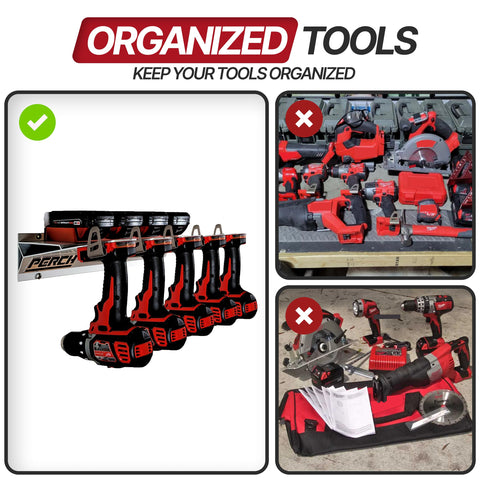 PERCH Milwaukee M18 tool rack loaded with drills and drivers for quick swaps.