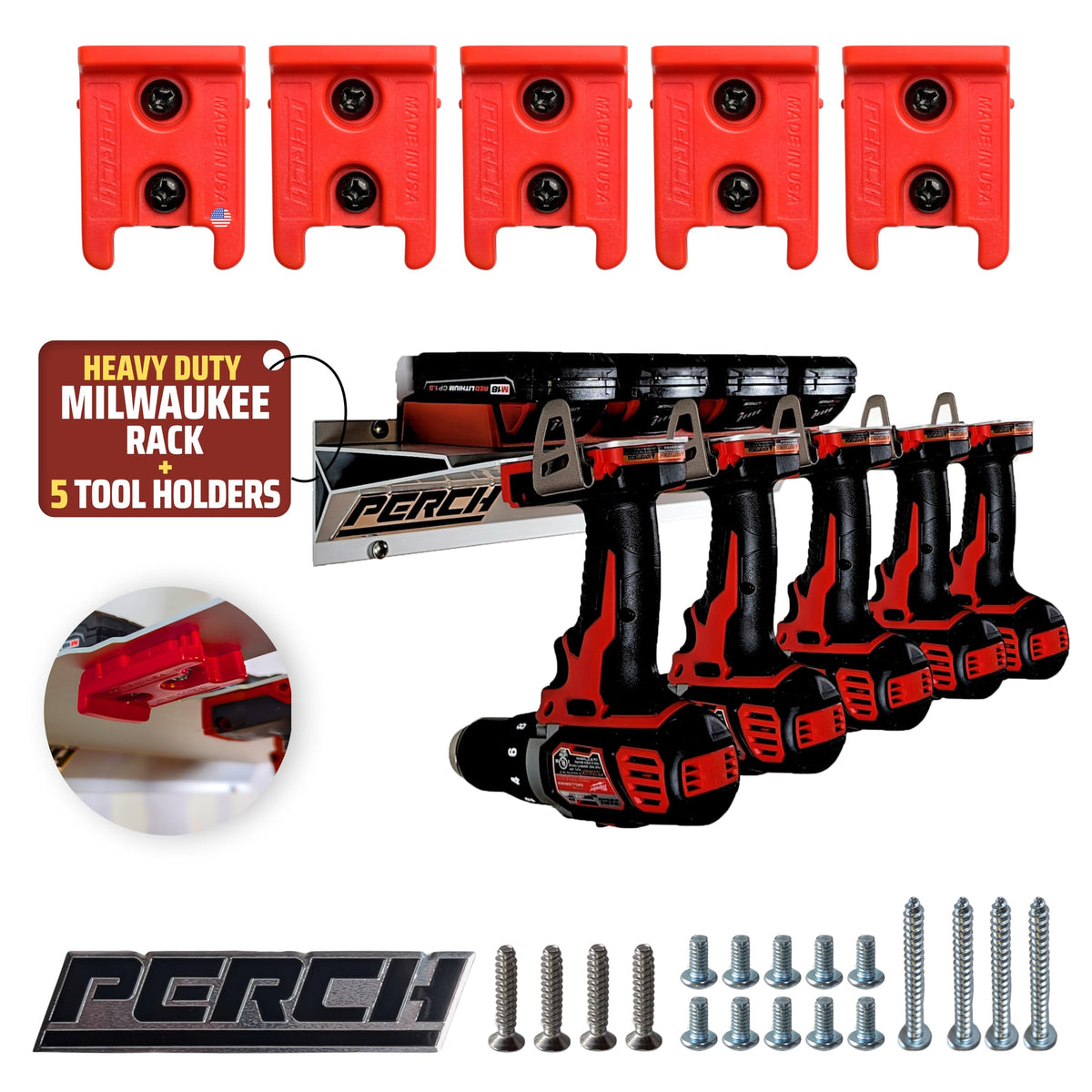 PERCH Milwaukee M18 tool rack side view shows organized five-tool storage on the wall.