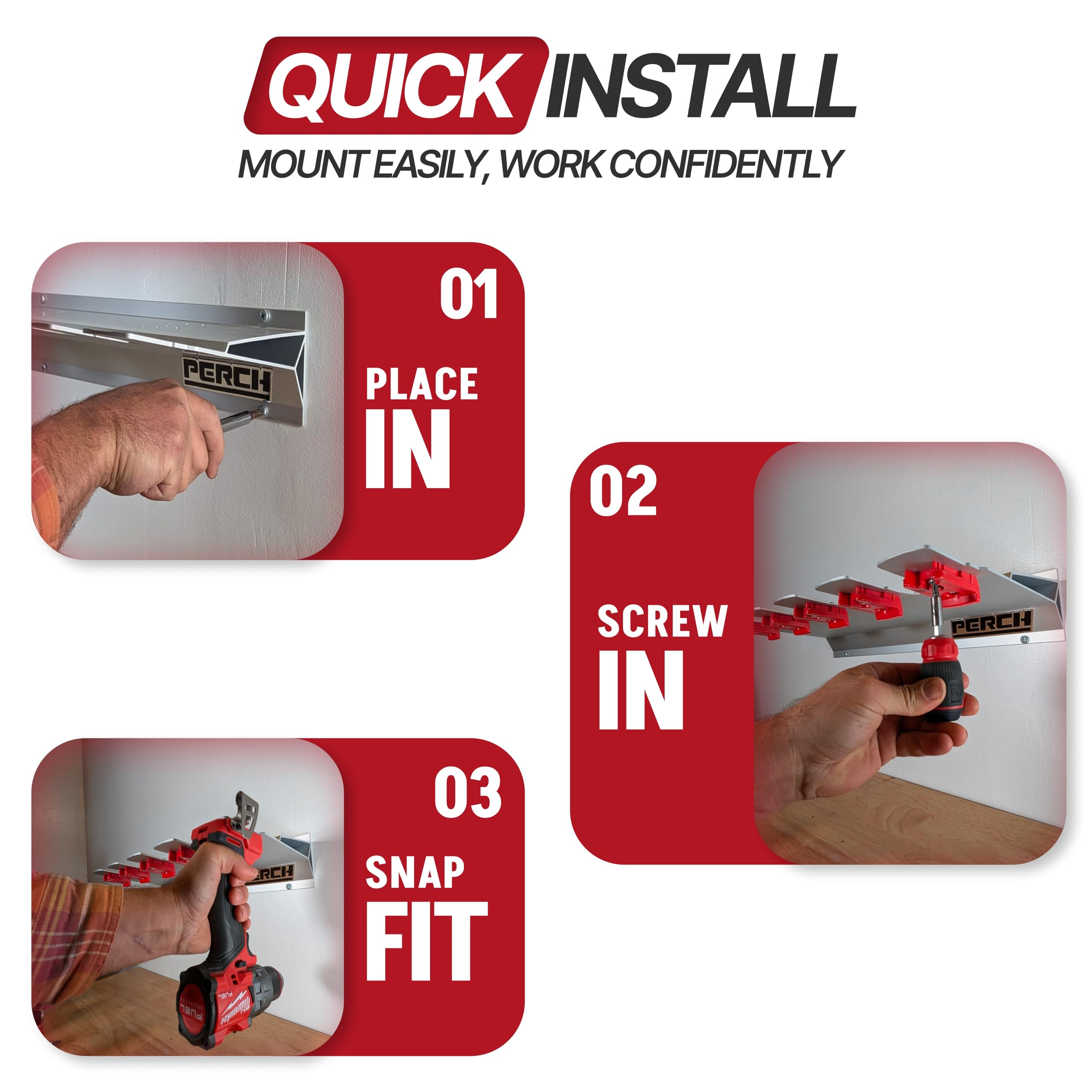 PERCH tool holder wall-mount demonstrates universal compatibility and clean workshop look.