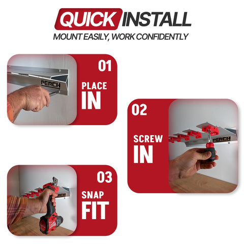 PERCH tool holder wall-mount demonstrates universal compatibility and clean workshop look.