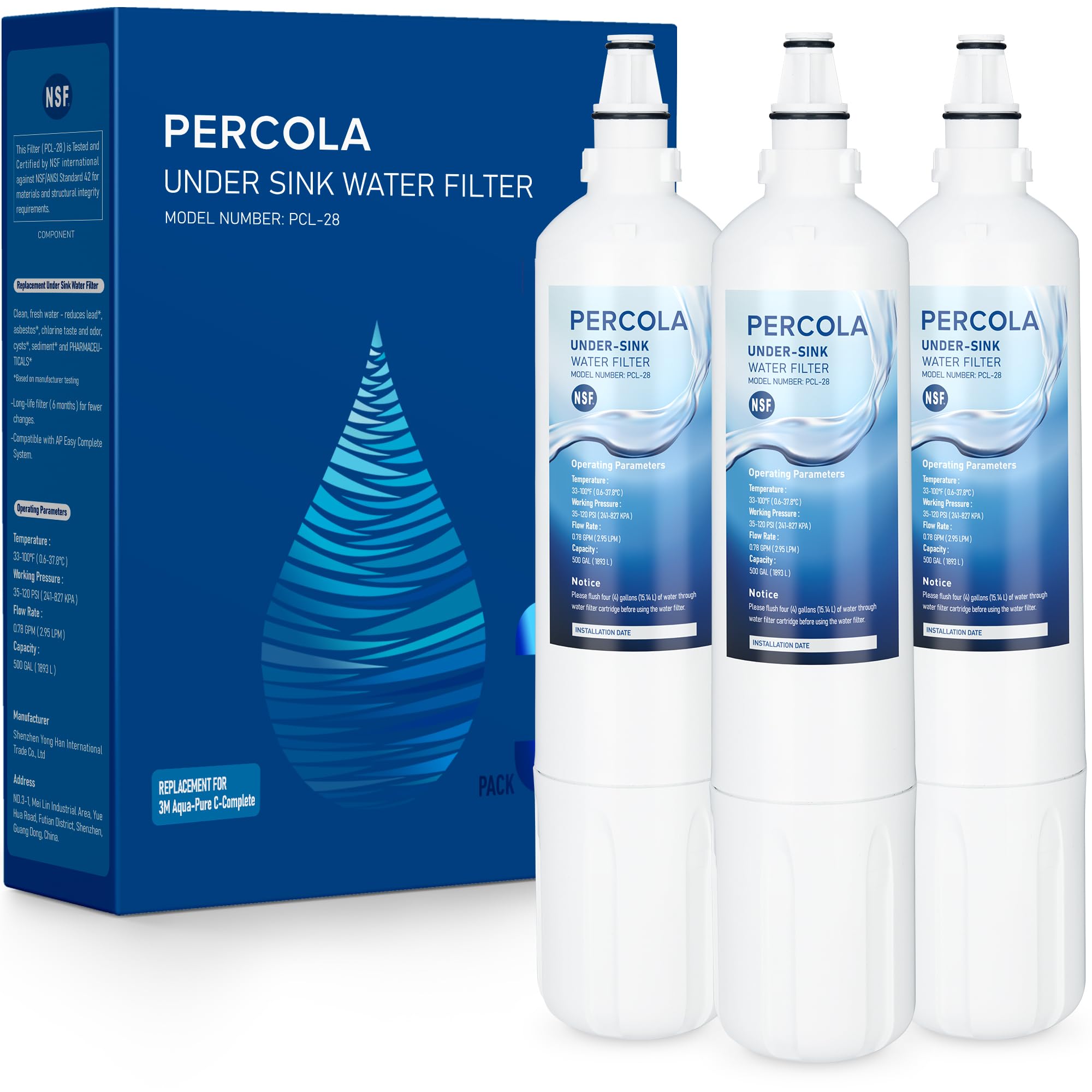 PERCOLA AP Easy C Complete 3-pack front view shows quick-change filters for easier replacement.