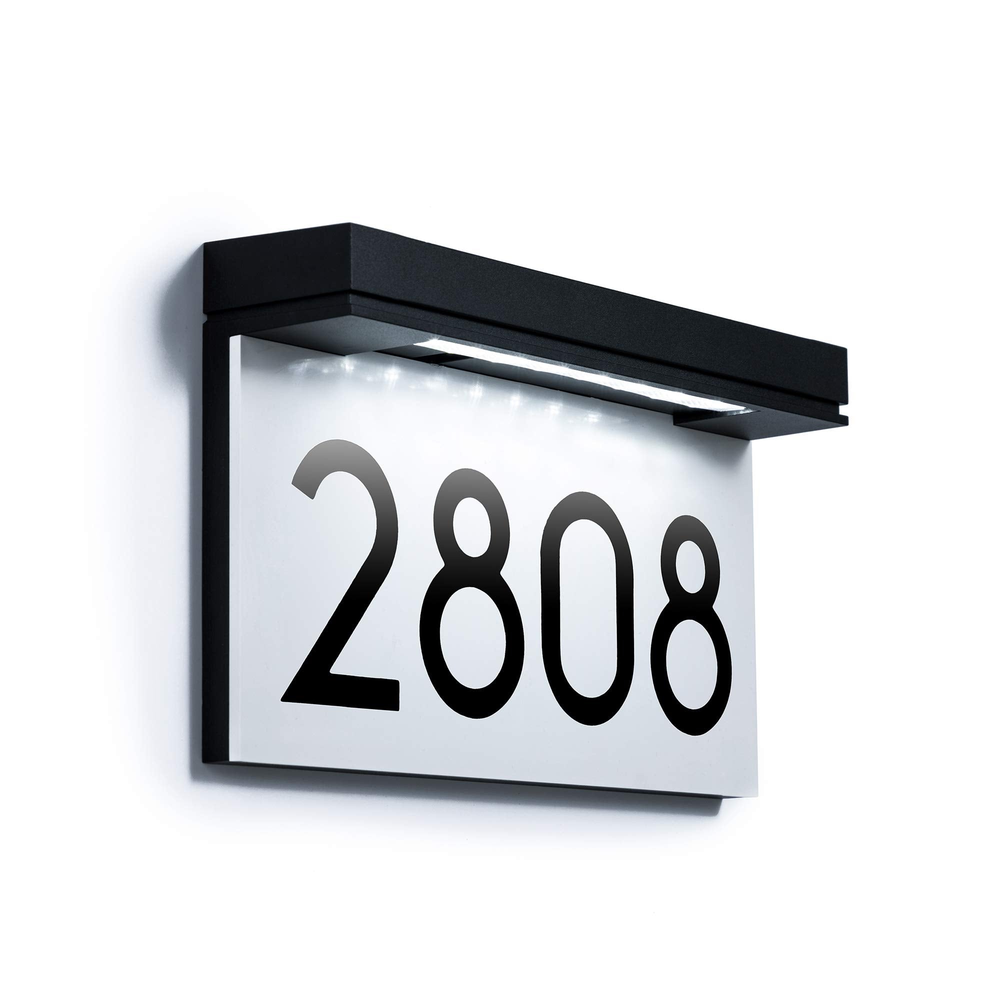 Percompile solar address plaque with panel enhances nighttime visibility
