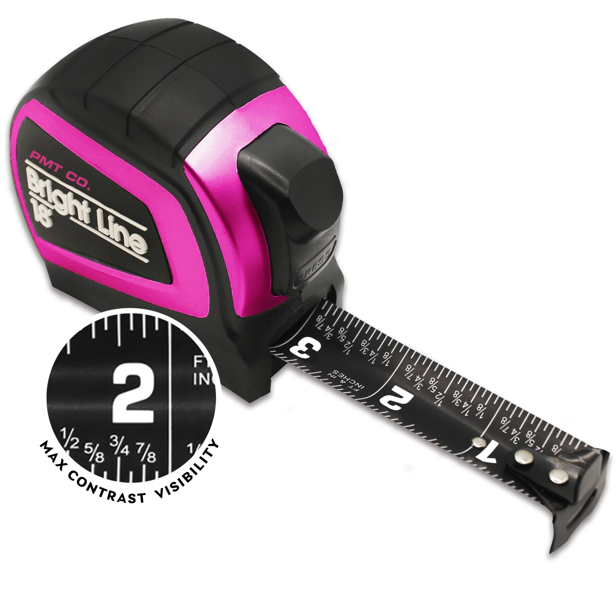 PERFECT MEASURING TAPE Pink BrightLine dark mode for high-contrast readings in dim spaces.