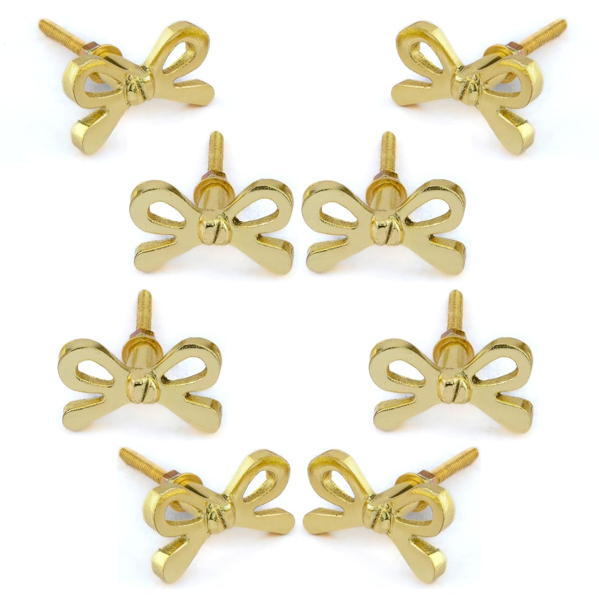 Perilla Home brass bow knobs eight-pack on display for cabinets, premium hardware upgrade