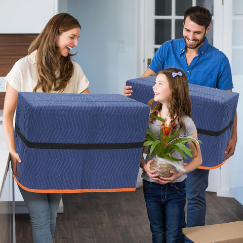Permade blue moving blanket stacked for transport and storage.