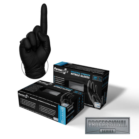PermaSafe HD Black nitrile gloves box; durable industrial protection for tough tasks.